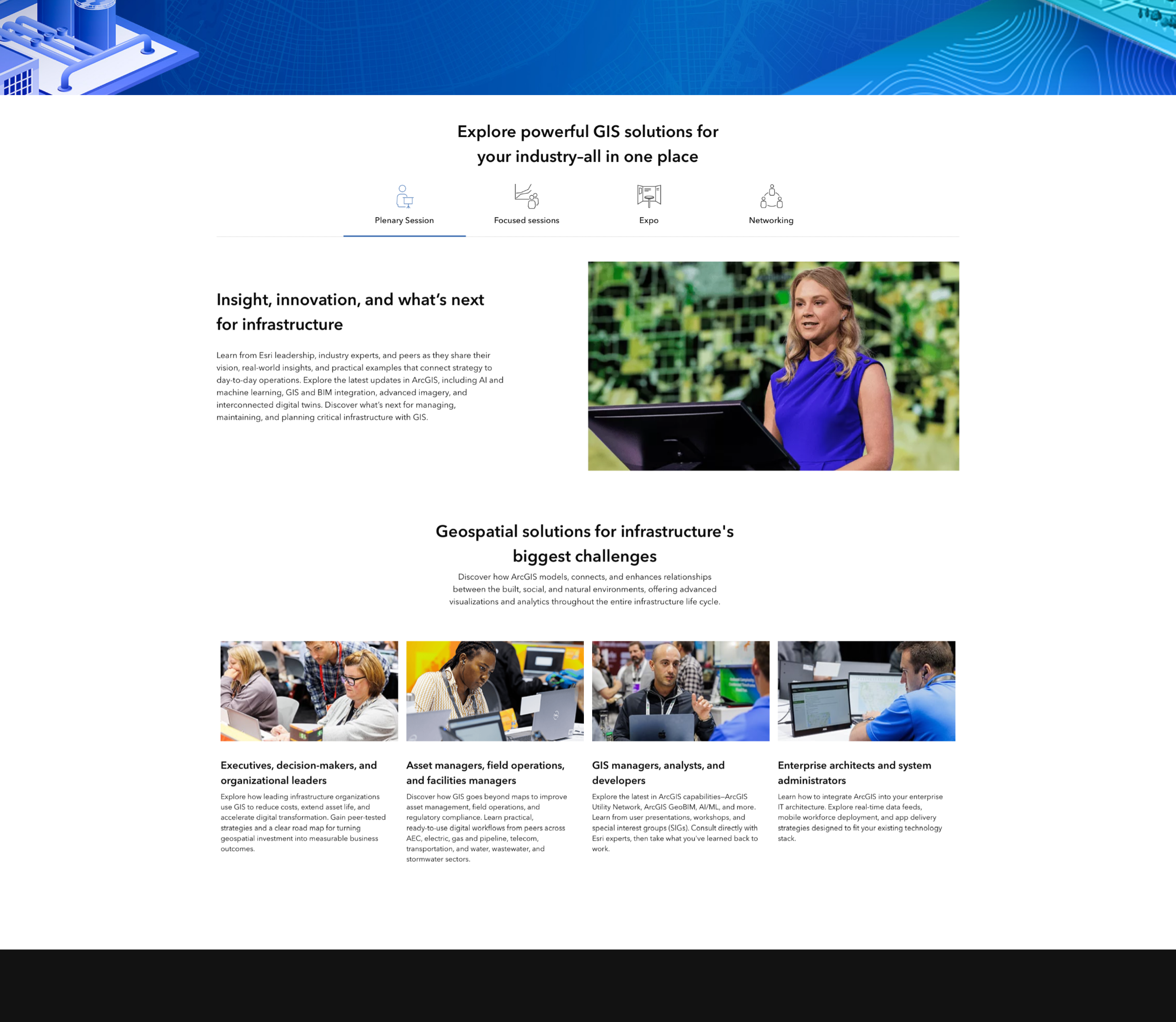 Esri Infrastructure GIS event Overview page featuring a Plenary Session video, tabbed navigation, and an audience section